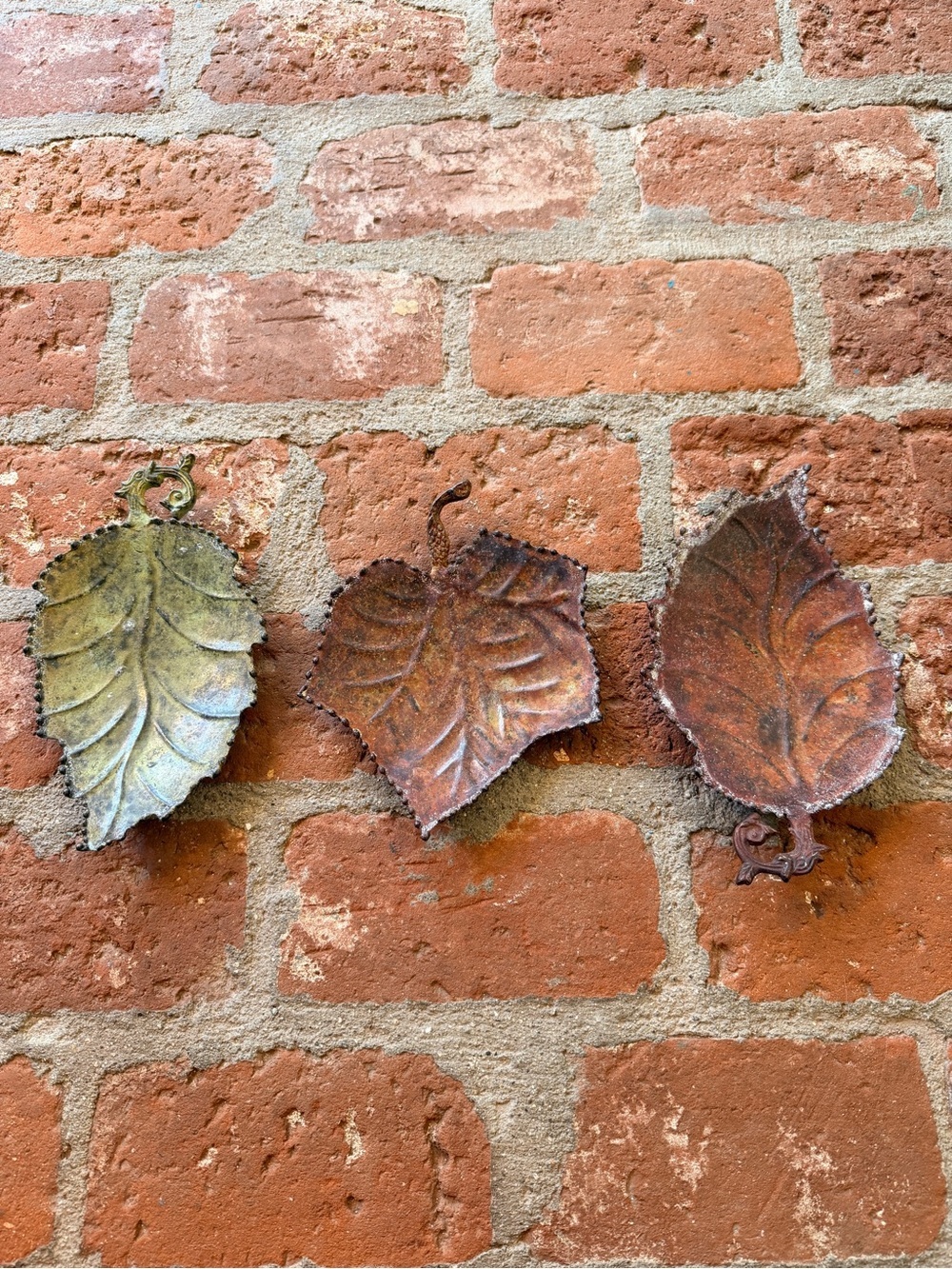 Rustic Metal Leaf Decor Set of 3 Brown & Green Metal Trays Candle Holder Trinket